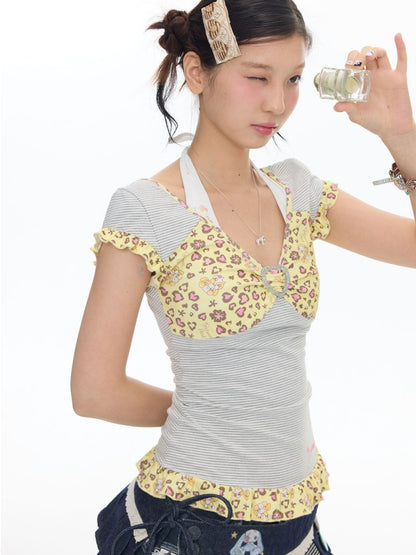 Buckle Stripe Leopard Print Vintage Little Flying Sleeve Lace T-Shirt【s0000017791】