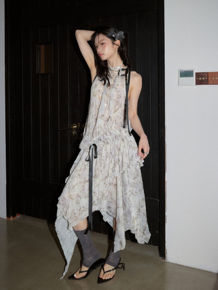Pleated Relaxed Abstract Leopard Print Cinched Waist Drawstring Dress【s0000017794】