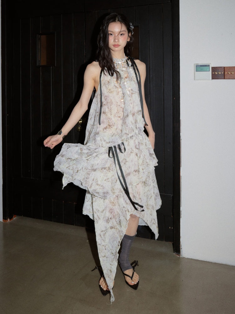 Pleated Relaxed Abstract Leopard Print Cinched Waist Drawstring Dress【s0000017794】