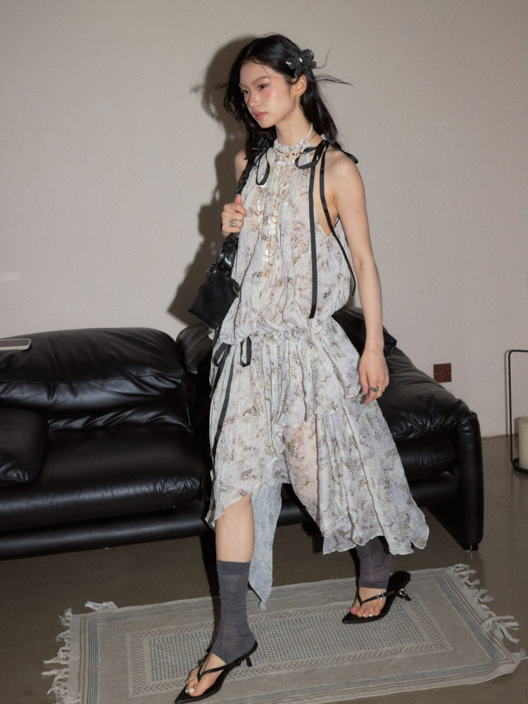 Pleated Relaxed Abstract Leopard Print Cinched Waist Drawstring Dress【s0000017794】