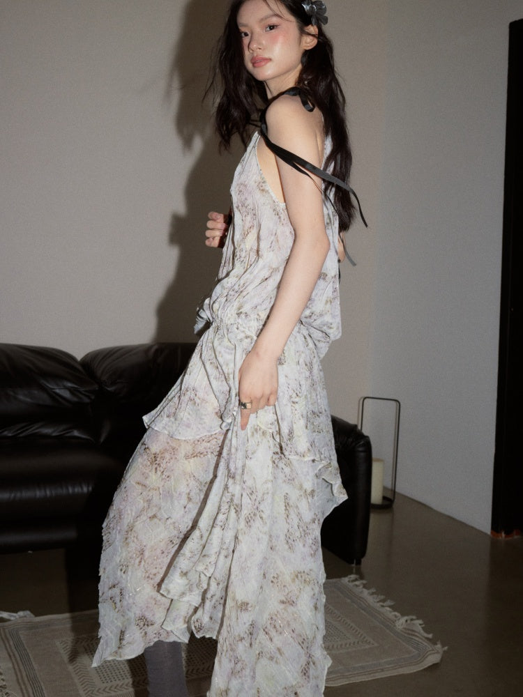 Pleated Relaxed Abstract Leopard Print Cinched Waist Drawstring Dress【s0000017794】