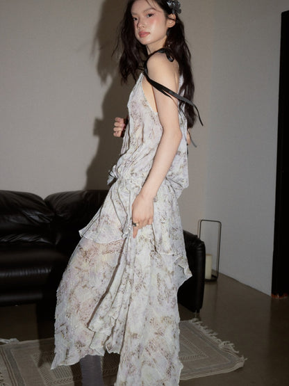 Pleated Relaxed Abstract Leopard Print Cinched Waist Drawstring Dress【s0000017794】
