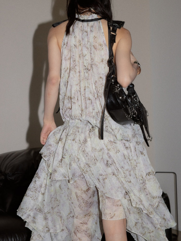 Pleated Relaxed Abstract Leopard Print Cinched Waist Drawstring Dress【s0000017794】