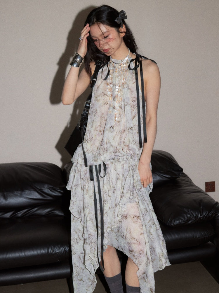 Pleated Relaxed Abstract Leopard Print Cinched Waist Drawstring Dress【s0000017794】