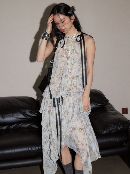 Pleated Relaxed Abstract Leopard Print Cinched Waist Drawstring Dress【s0000017794】