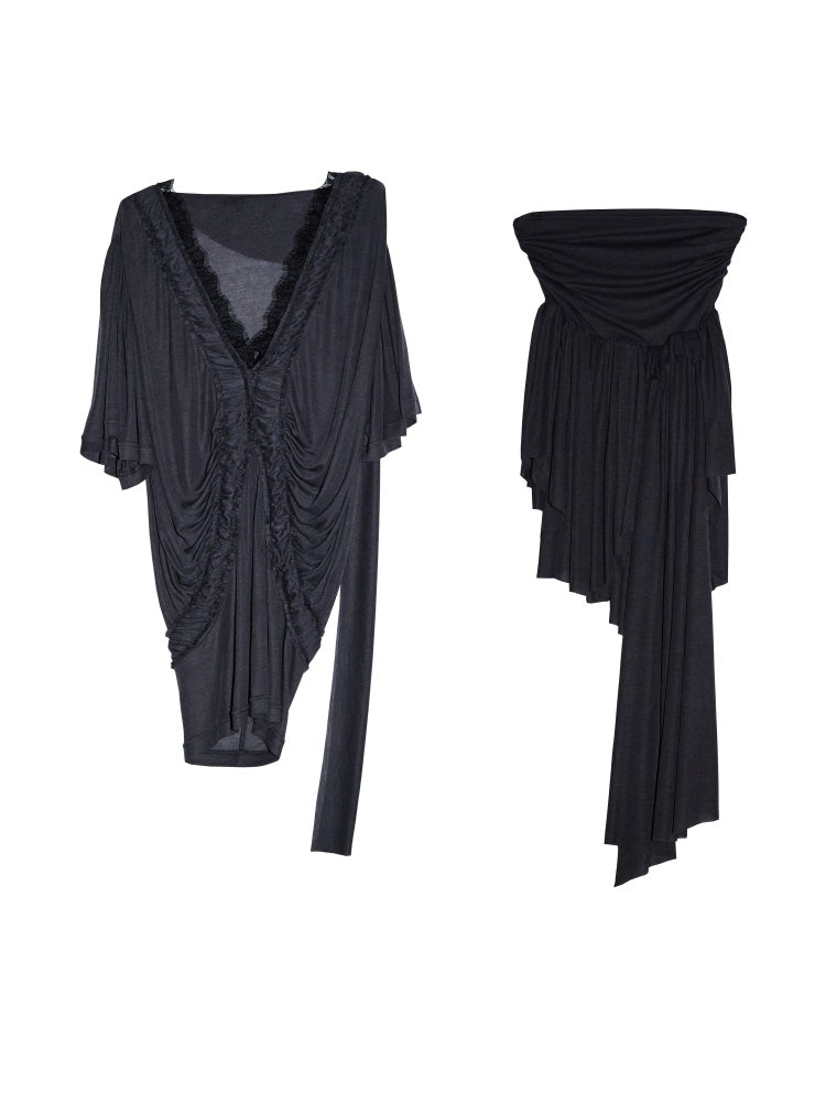 Relaxed Silhouette Loose Deep V-Neck Tops Irregular Skirt【s0000017795】