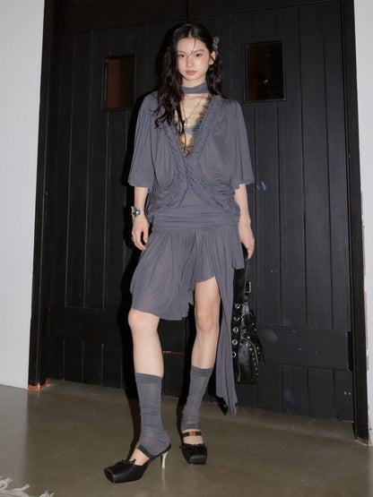 Relaxed Silhouette Loose Deep V-Neck Tops Irregular Skirt【s0000017795】