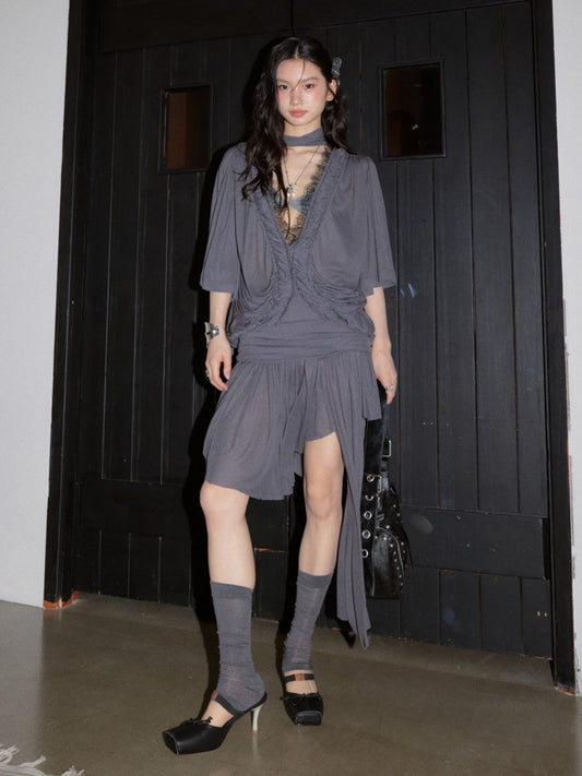 Relaxed Silhouette Loose Deep V-Neck Tops Irregular Skirt【s0000017795】