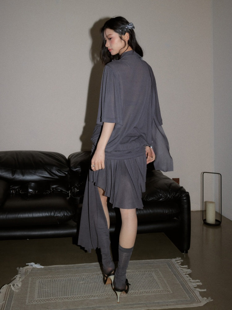 Relaxed Silhouette Loose Deep V-Neck Tops Irregular Skirt【s0000017795】
