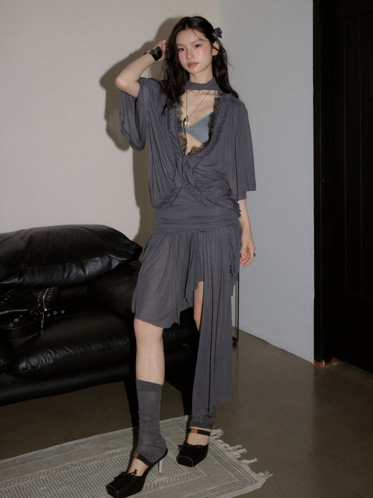 Relaxed Silhouette Loose Deep V-Neck Tops Irregular Skirt【s0000017795】