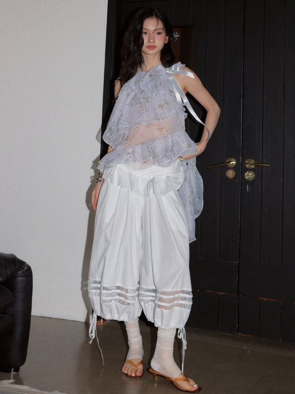 Fake Two-Piece Ruffle Patchwork Light White Loose Balloon Pants【s0000017796】