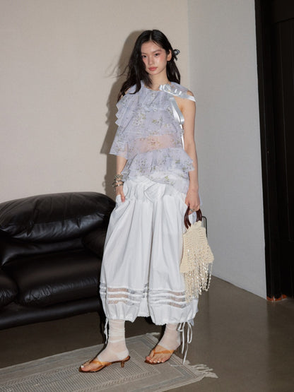 Fake Two-Piece Ruffle Patchwork Light White Loose Balloon Pants【s0000017796】
