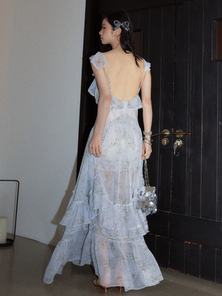 Vacation Floral Morning Mist Blue Airy Ruffled Extra-Long Dress【s0000017797】