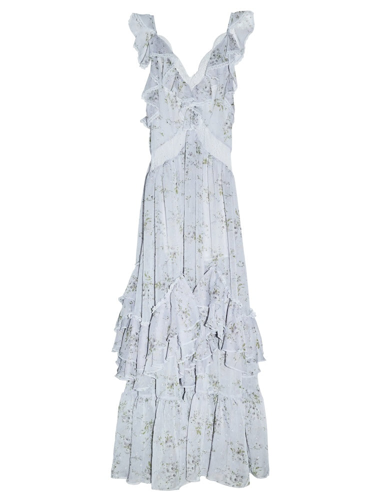 Vacation Floral Morning Mist Blue Airy Ruffled Extra-Long Dress【s0000017797】