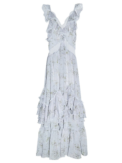 Vacation Floral Morning Mist Blue Airy Ruffled Extra-Long Dress【s0000017797】