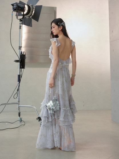 Vacation Floral Morning Mist Blue Airy Ruffled Extra-Long Dress【s0000017797】
