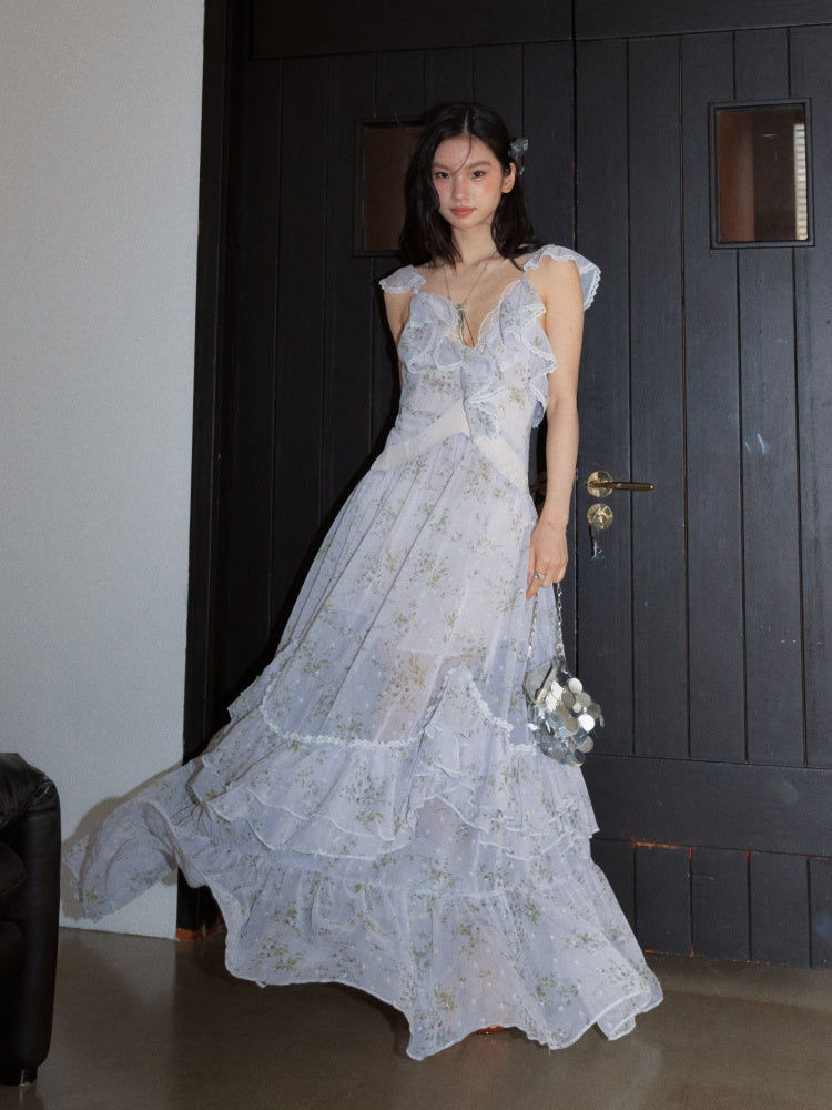 Vacation Floral Morning Mist Blue Airy Ruffled Extra-Long Dress【s0000017797】