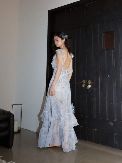 Vacation Floral Morning Mist Blue Airy Ruffled Extra-Long Dress【s0000017797】