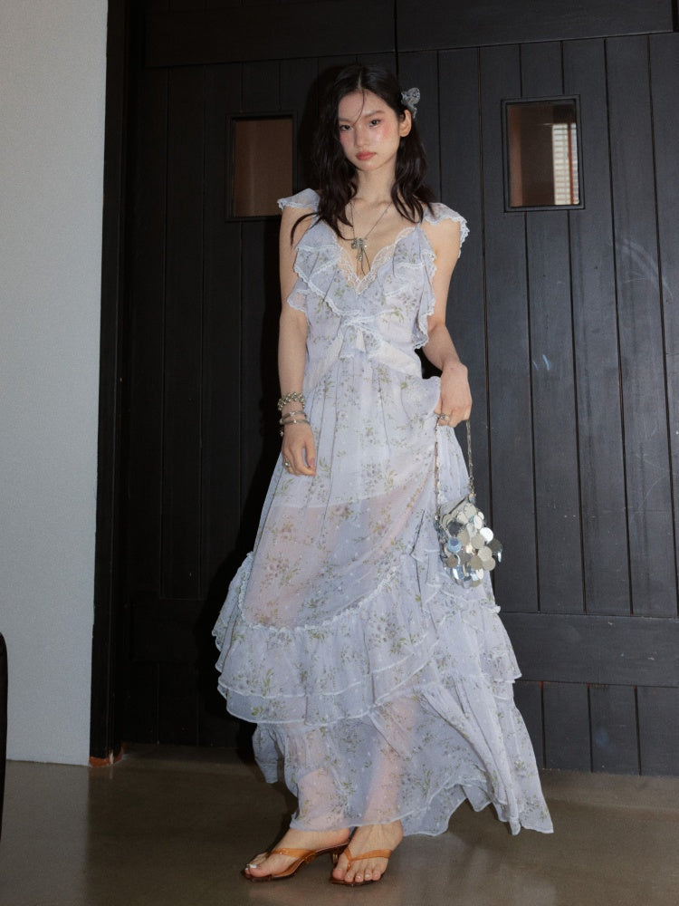 Vacation Floral Morning Mist Blue Airy Ruffled Extra-Long Dress【s0000017797】