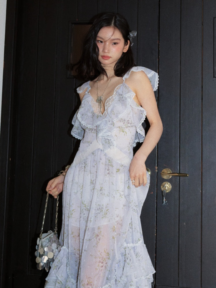 Vacation Floral Morning Mist Blue Airy Ruffled Extra-Long Dress【s0000017797】