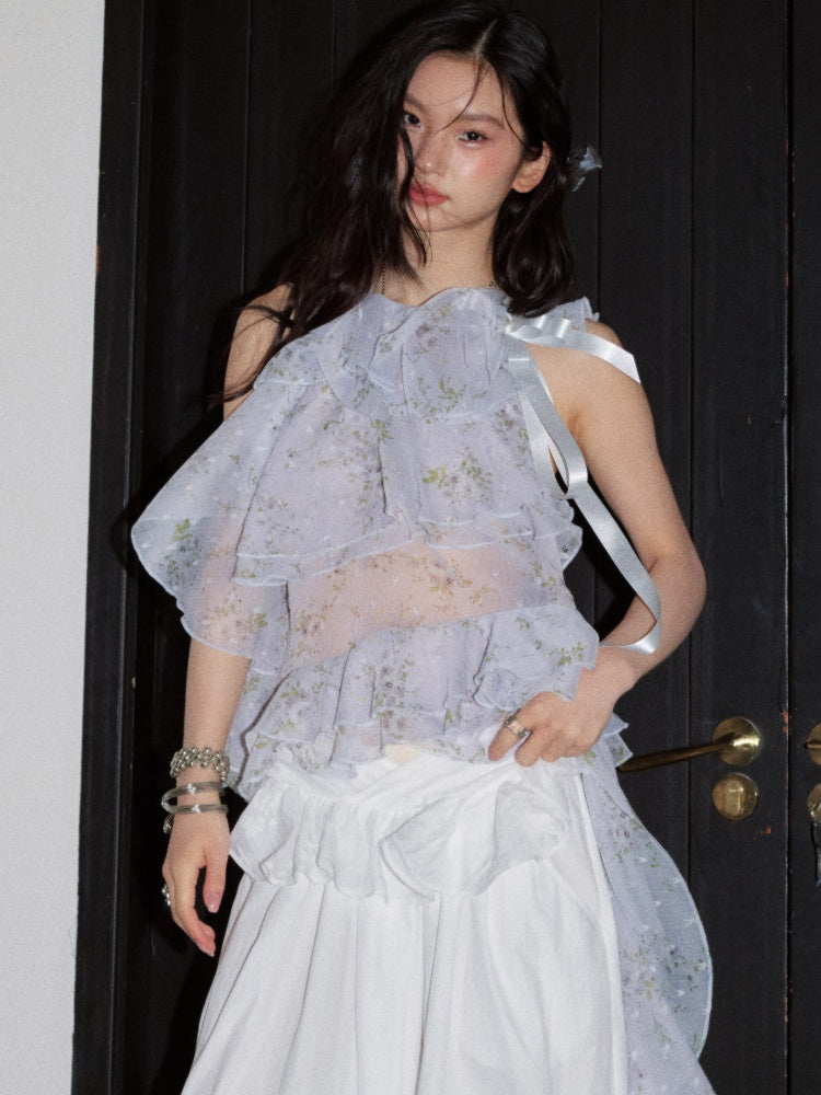 Romantic Floral Airy Morning Mist Blue Irregular Ruffled Strap Tank Top【s0000017798】