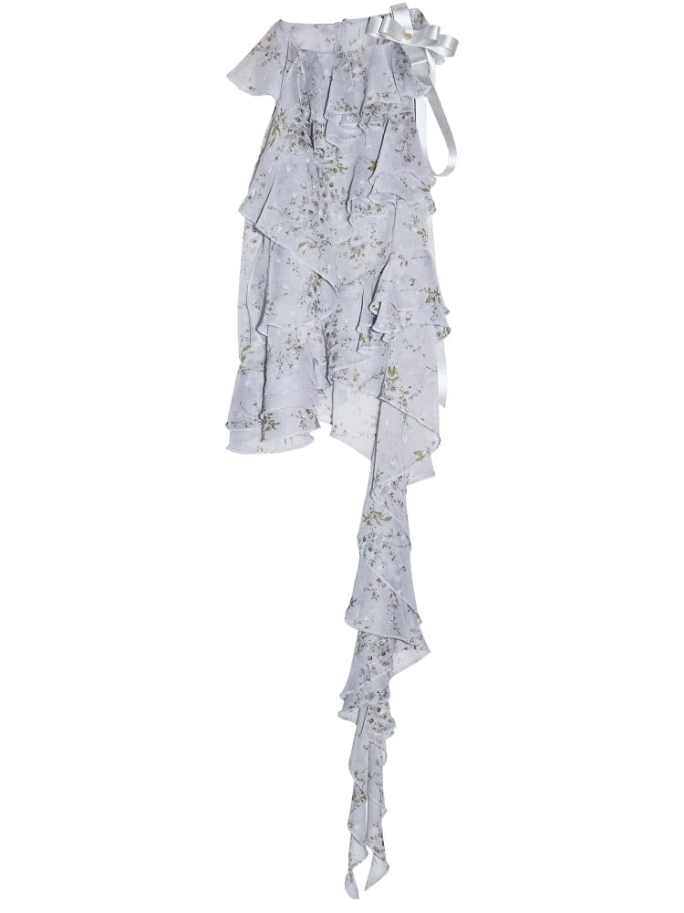 Romantic Floral Airy Morning Mist Blue Irregular Ruffled Strap Tank Top【s0000017798】