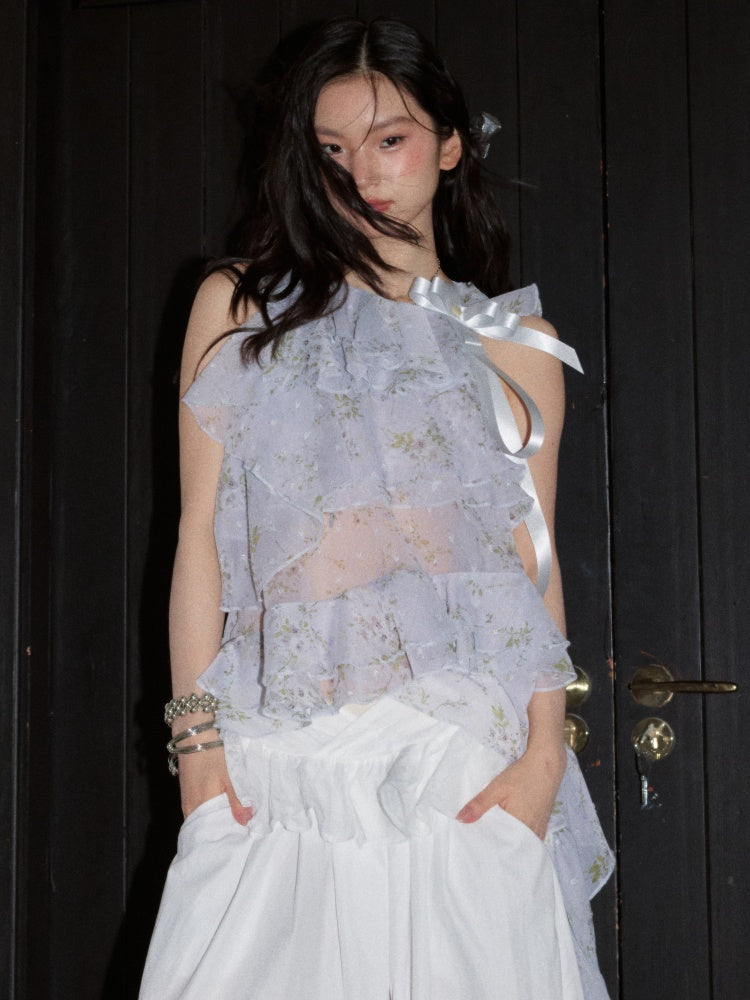 Romantic Floral Airy Morning Mist Blue Irregular Ruffled Strap Tank Top【s0000017798】
