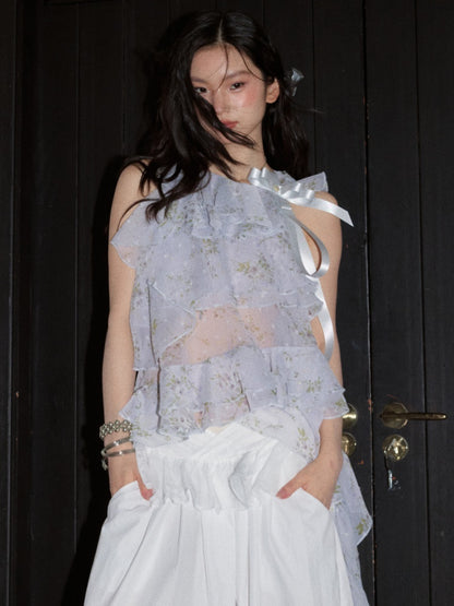 Romantic Floral Airy Morning Mist Blue Irregular Ruffled Strap Tank Top【s0000017798】