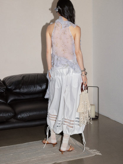 Romantic Floral Airy Morning Mist Blue Irregular Ruffled Strap Tank Top【s0000017798】