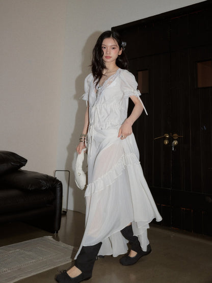 Romantic Lazy Urban All White Relaxed Deep V-Neck Stripe Lace-Up Dress【s0000017799】