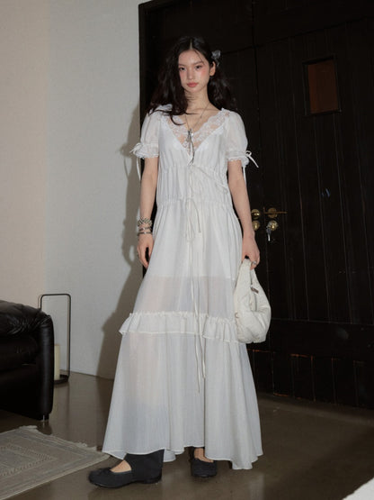 Romantic Lazy Urban All White Relaxed Deep V-Neck Stripe Lace-Up Dress【s0000017799】