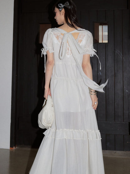 Romantic Lazy Urban All White Relaxed Deep V-Neck Stripe Lace-Up Dress【s0000017799】