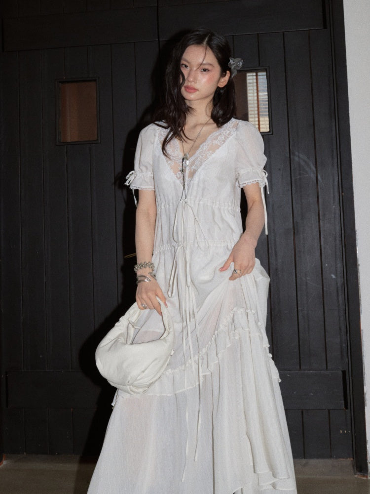 Romantic Lazy Urban All White Relaxed Deep V-Neck Stripe Lace-Up Dress【s0000017799】