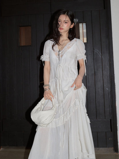 Romantic Lazy Urban All White Relaxed Deep V-Neck Stripe Lace-Up Dress【s0000017799】