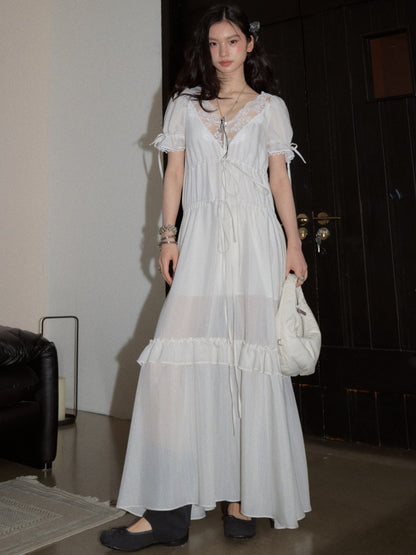 Romantic Lazy Urban All White Relaxed Deep V-Neck Stripe Lace-Up Dress【s0000017799】