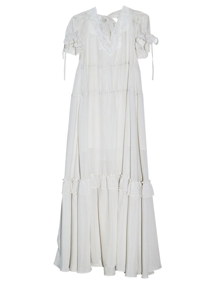 Romantic Lazy Urban All White Relaxed Deep V-Neck Stripe Lace-Up Dress【s0000017799】