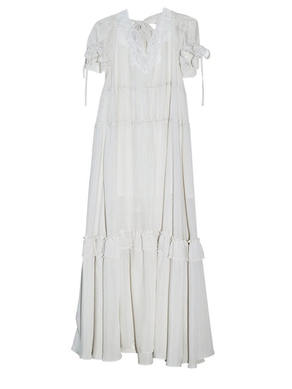 Romantic Lazy Urban All White Relaxed Deep V-Neck Stripe Lace-Up Dress【s0000017799】