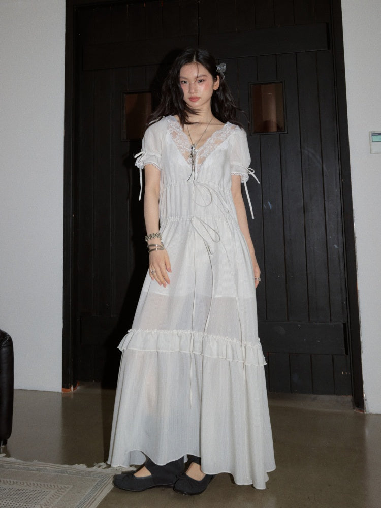 Romantic Lazy Urban All White Relaxed Deep V-Neck Stripe Lace-Up Dress【s0000017799】