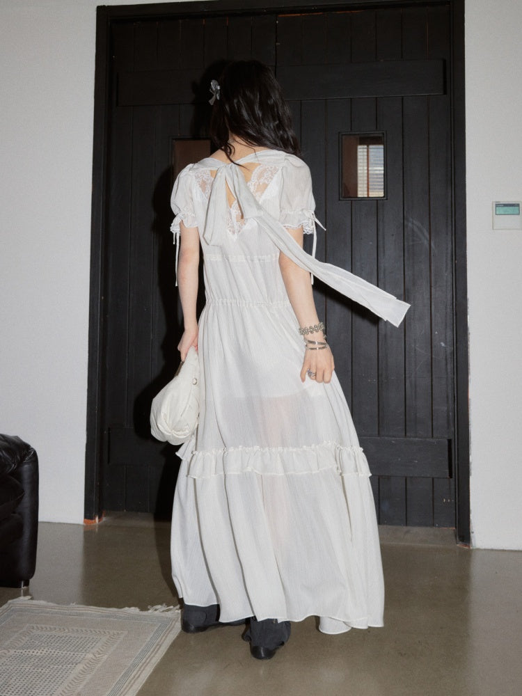 Romantic Lazy Urban All White Relaxed Deep V-Neck Stripe Lace-Up Dress【s0000017799】
