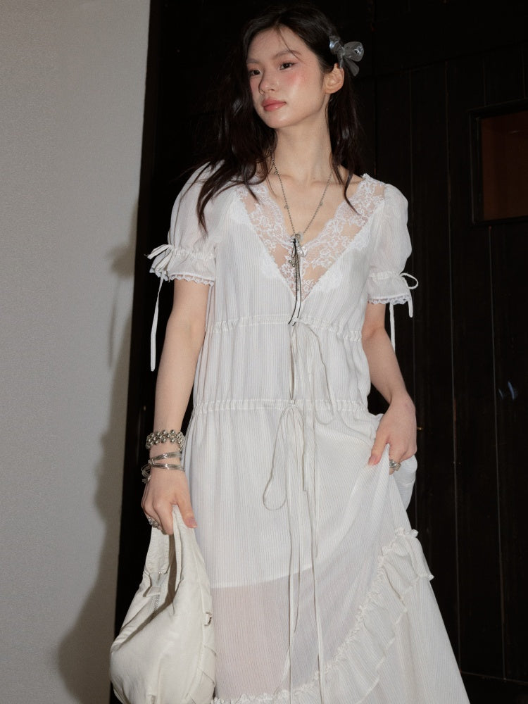 Romantic Lazy Urban All White Relaxed Deep V-Neck Stripe Lace-Up Dress【s0000017799】