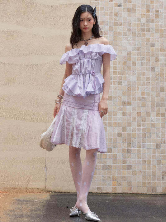Pleated Relaxed Heavy-Duty Sequin Embroidered Ruffled Off-Shoulder Tops【s0000017801】