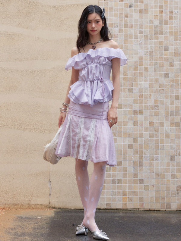 Pleated Relaxed Heavy-Duty Sequin Embroidered Ruffled Off-Shoulder Tops【s0000017801】