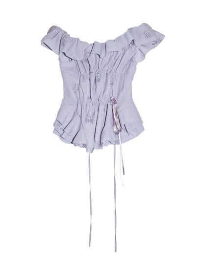 Pleated Relaxed Heavy-Duty Sequin Embroidered Ruffled Off-Shoulder Tops【s0000017801】