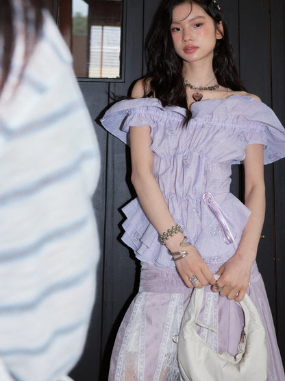 Pleated Relaxed Heavy-Duty Sequin Embroidered Ruffled Off-Shoulder Tops【s0000017801】