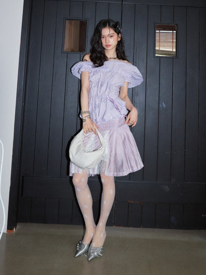 Pleated Relaxed Heavy-Duty Sequin Embroidered Ruffled Off-Shoulder Tops【s0000017801】