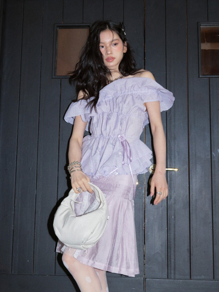 Pleated Relaxed Heavy-Duty Sequin Embroidered Ruffled Off-Shoulder Tops【s0000017801】