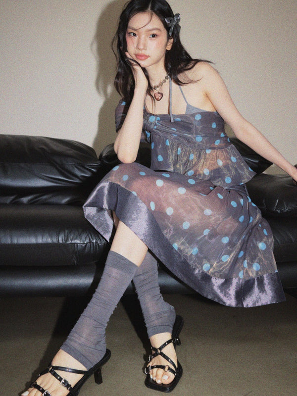 Vintage Girly Airy Semi-Transparent Polka Dot Asymmetrical Ruffle Vest Umbrella Skirt【s0000017802】