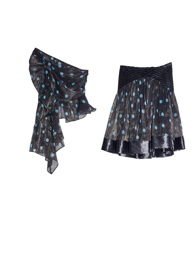 Vintage Girly Airy Semi-Transparent Polka Dot Asymmetrical Ruffle Vest Umbrella Skirt【s0000017802】