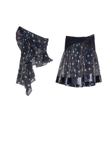 Vintage Girly Airy Semi-Transparent Polka Dot Asymmetrical Ruffle Vest Umbrella Skirt【s0000017802】