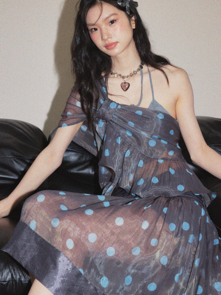 Vintage Girly Airy Semi-Transparent Polka Dot Asymmetrical Ruffle Vest Umbrella Skirt【s0000017802】